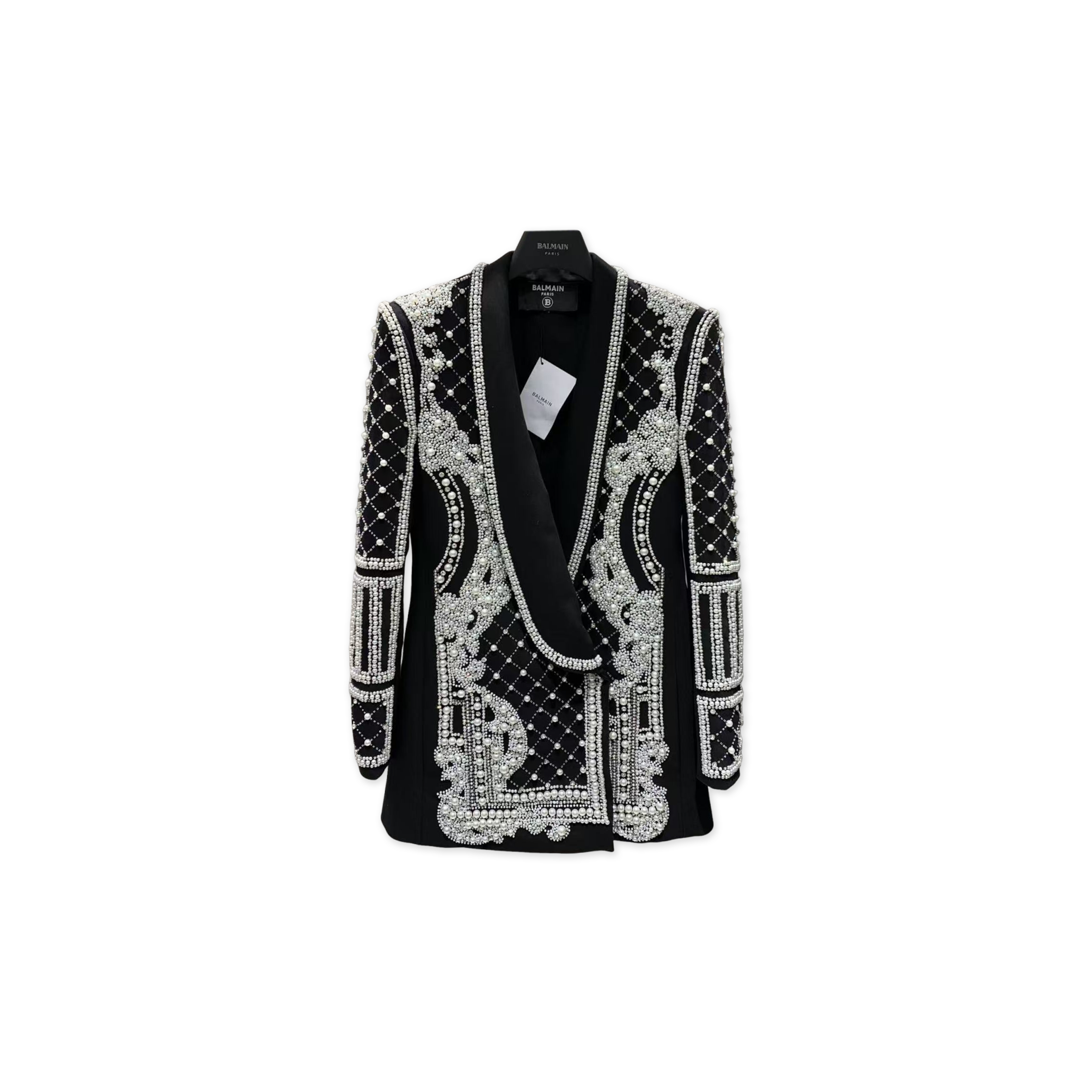 BALMAIN CRYSTALS & PEARLS EMBELLISHED LAPEL BLAZER